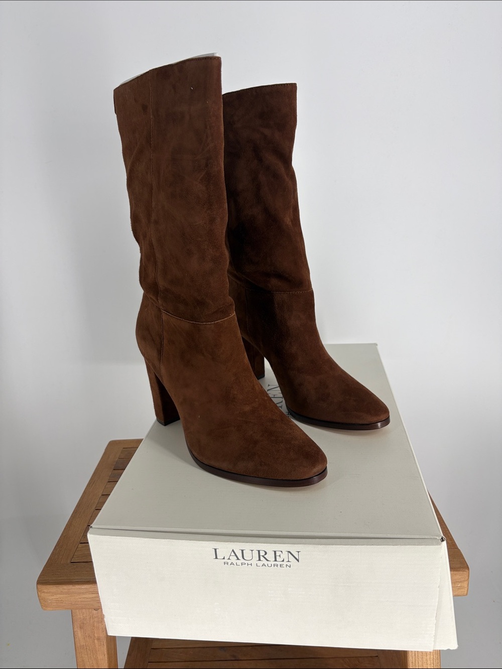New Lauren Ralph Lauren Artizan IB-MBO BROWN KODSUEDE Heel Boots size 10